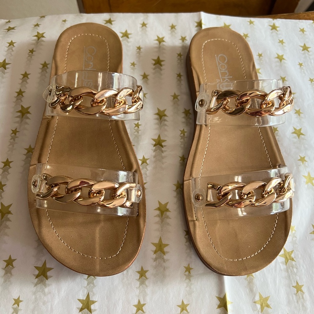 Corky's Womens Gold Chain Clear Slide Sandals Size 7 Like New
